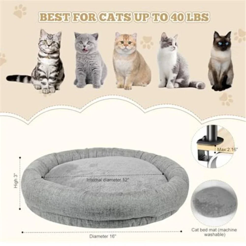 Cat Desk Bed Elevated Adjustable Height Rotating Indoor Cat Lounge Grey Up to 40